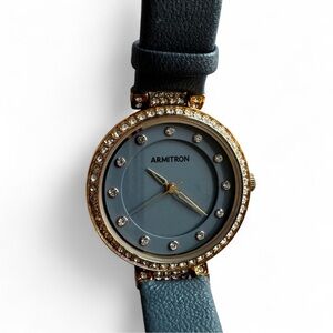 Armitron Gold and Dark Blue watch crystal details markers leather band